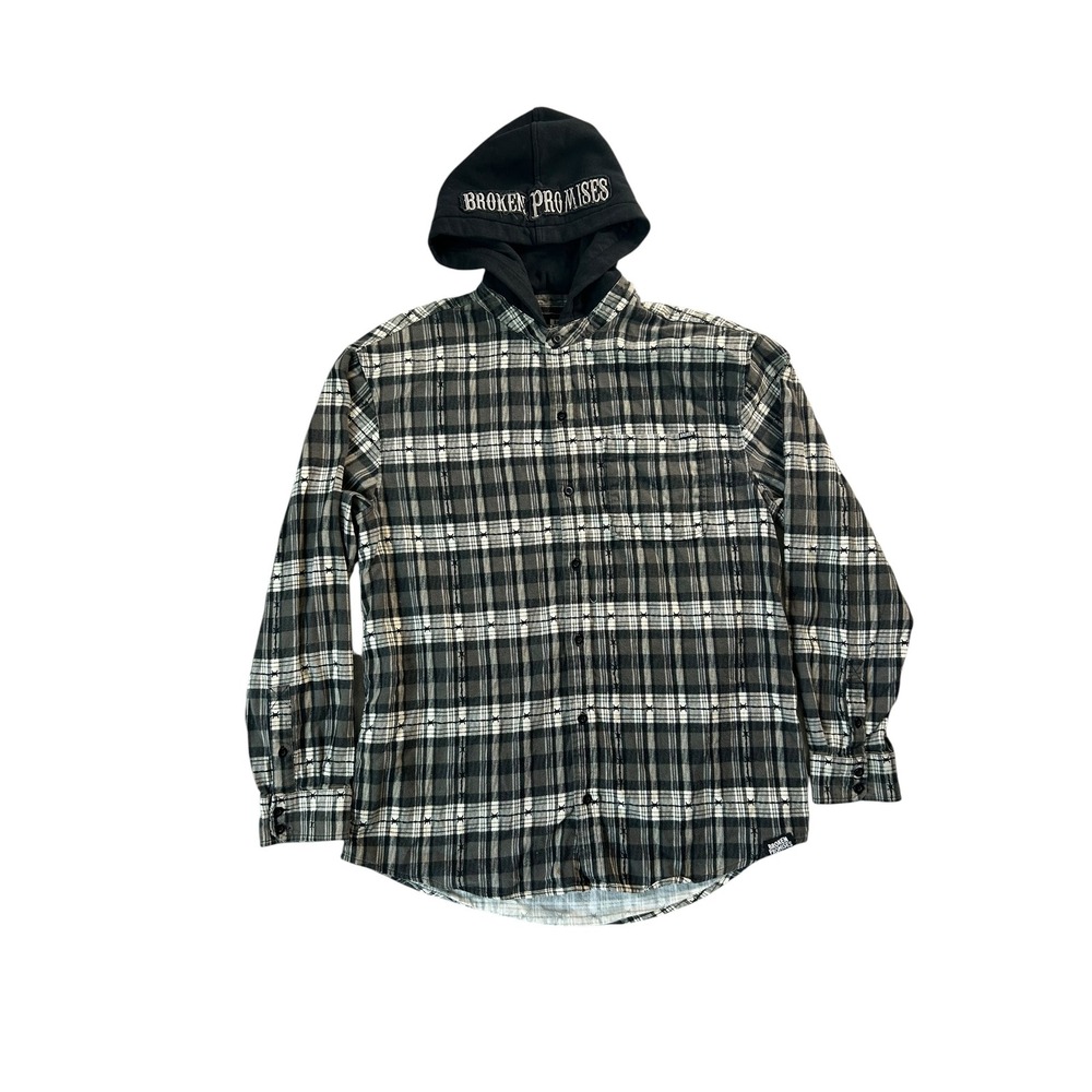 Broken Promises Barbed Wire Plaid Hooded Flannel Shirt Mens Large Grey Black